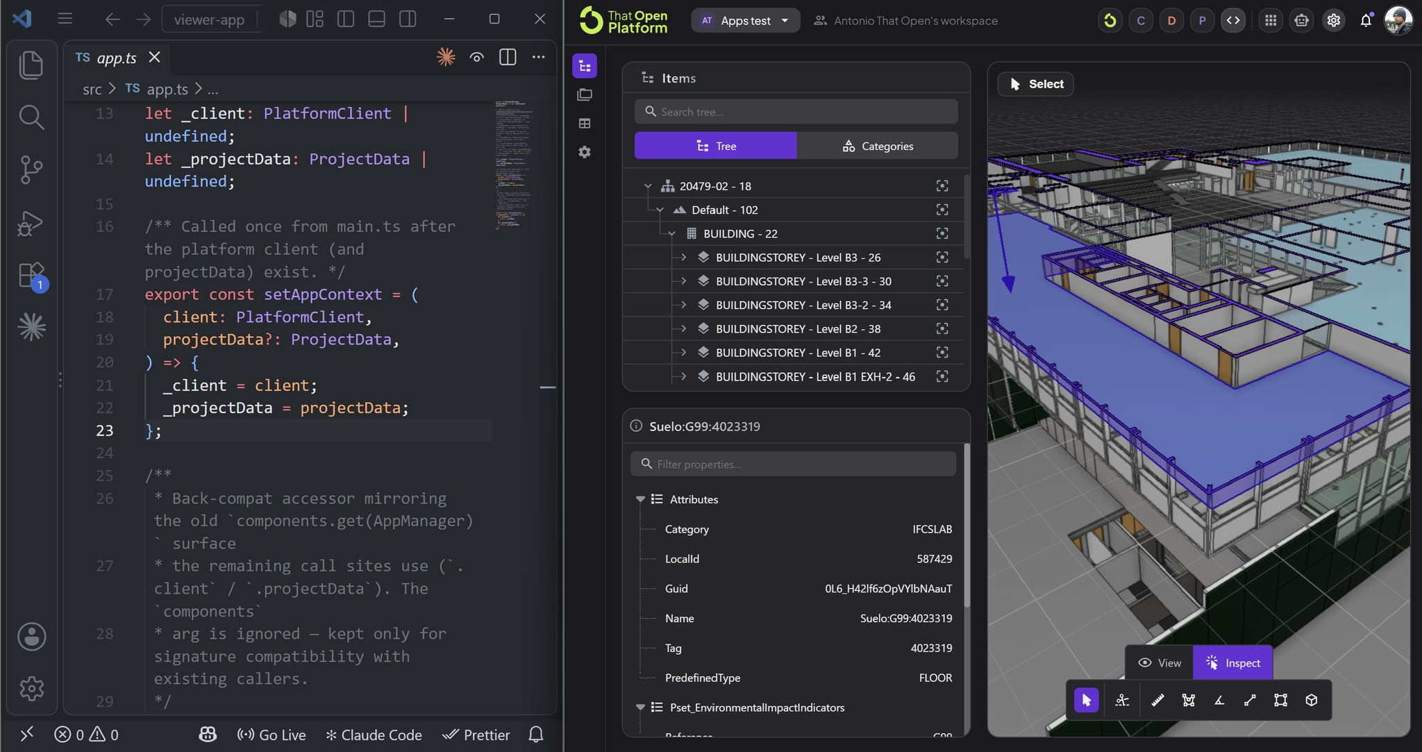 An app being built: its code in the editor on the left, the running app on the platform with a BIM model, its tree and properties on the right