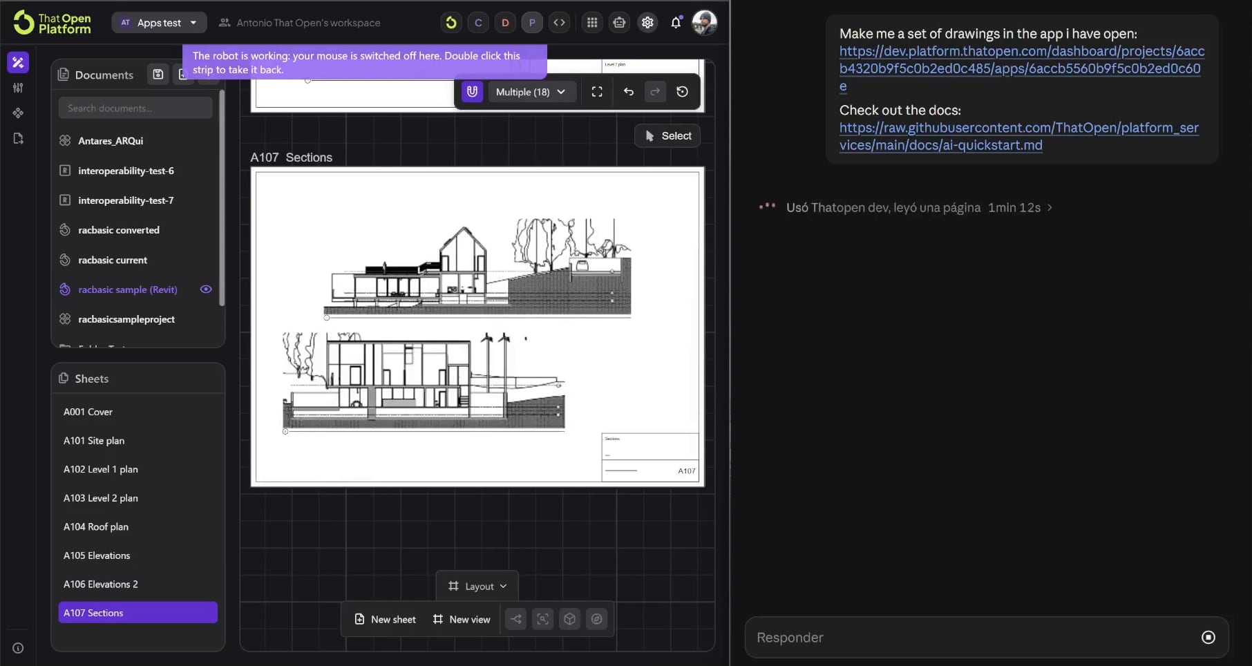 An AI agent working in the platform: asked for a set of drawings, it produces the sheets (site plan, levels, roof, elevations, sections) in the app
