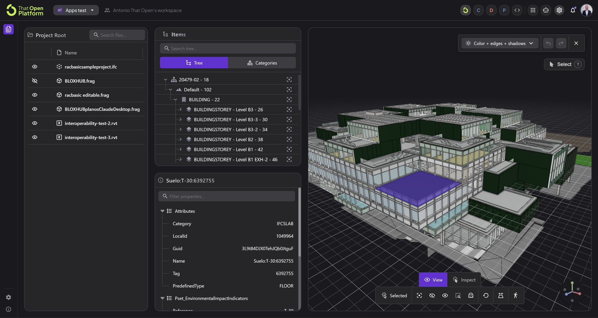 Un modelo BIM federado en el visor de la plataforma, con modelos, jerarquías, plantillas de vista y consultas